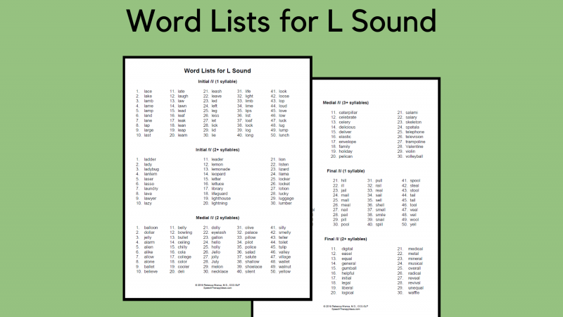 Word Lists For L Sound