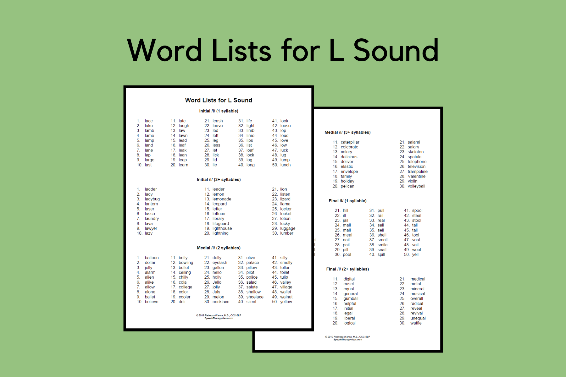 Word Lists for L Sound