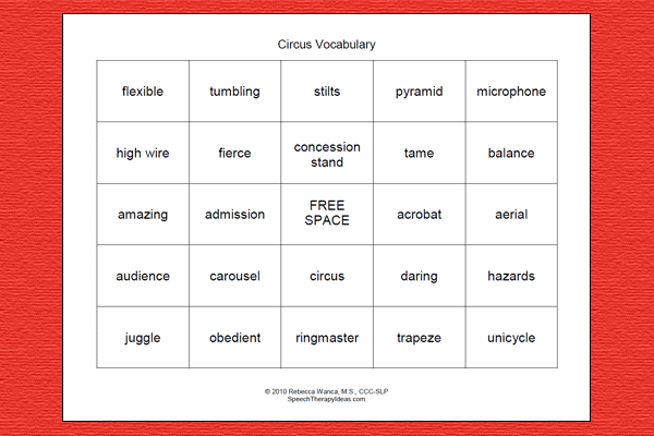 Circus Theme Vocabulary Bingo Game