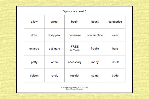 Synonym Bingo Game – Level 3