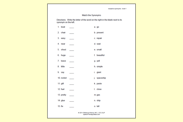 Matching Synonyms Worksheet – Level 1