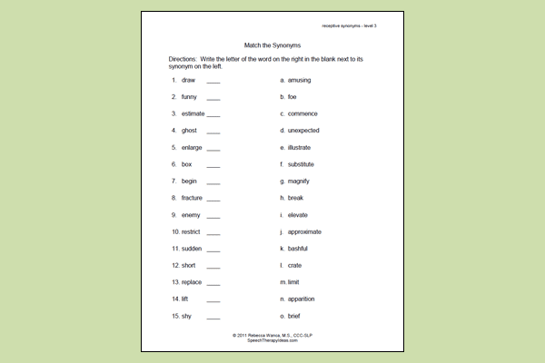 Matching Synonyms Worksheet – Level 3