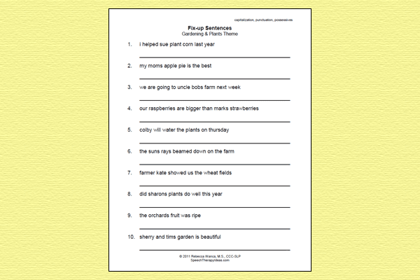 Fix-up Worksheet – Gardening and Plants Theme