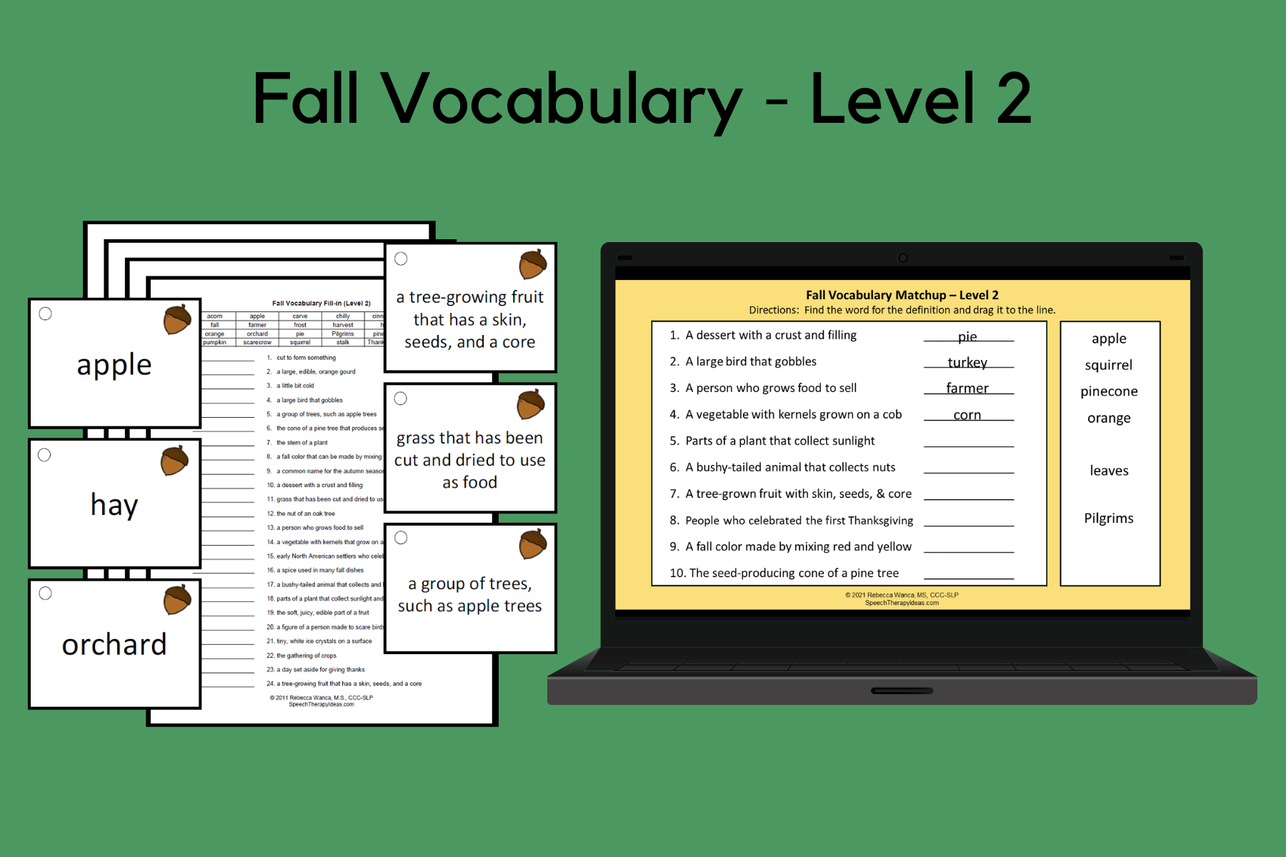 Fall Vocabulary Game Cards and Worksheets – Level 2