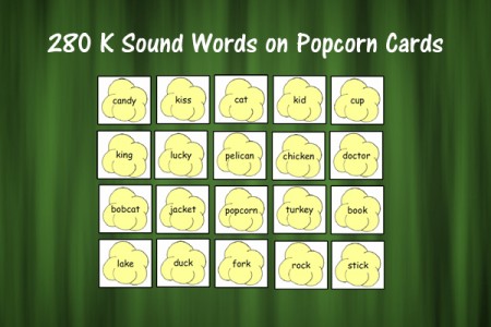 280 K Sound Words on Popcorn Cards