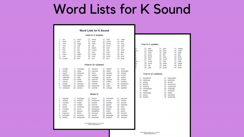 Word Lists For K Sound