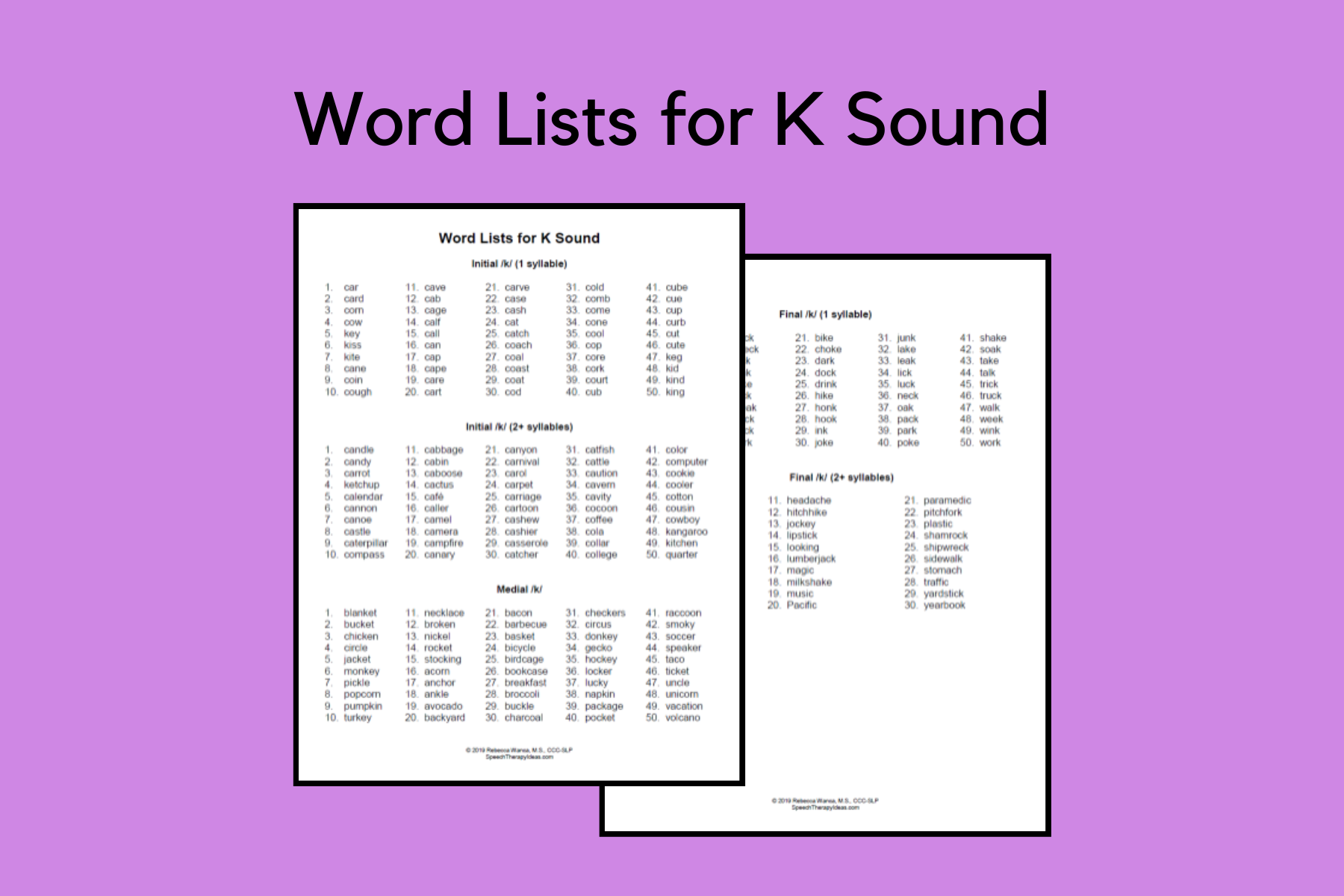 Word Lists for K Sounds