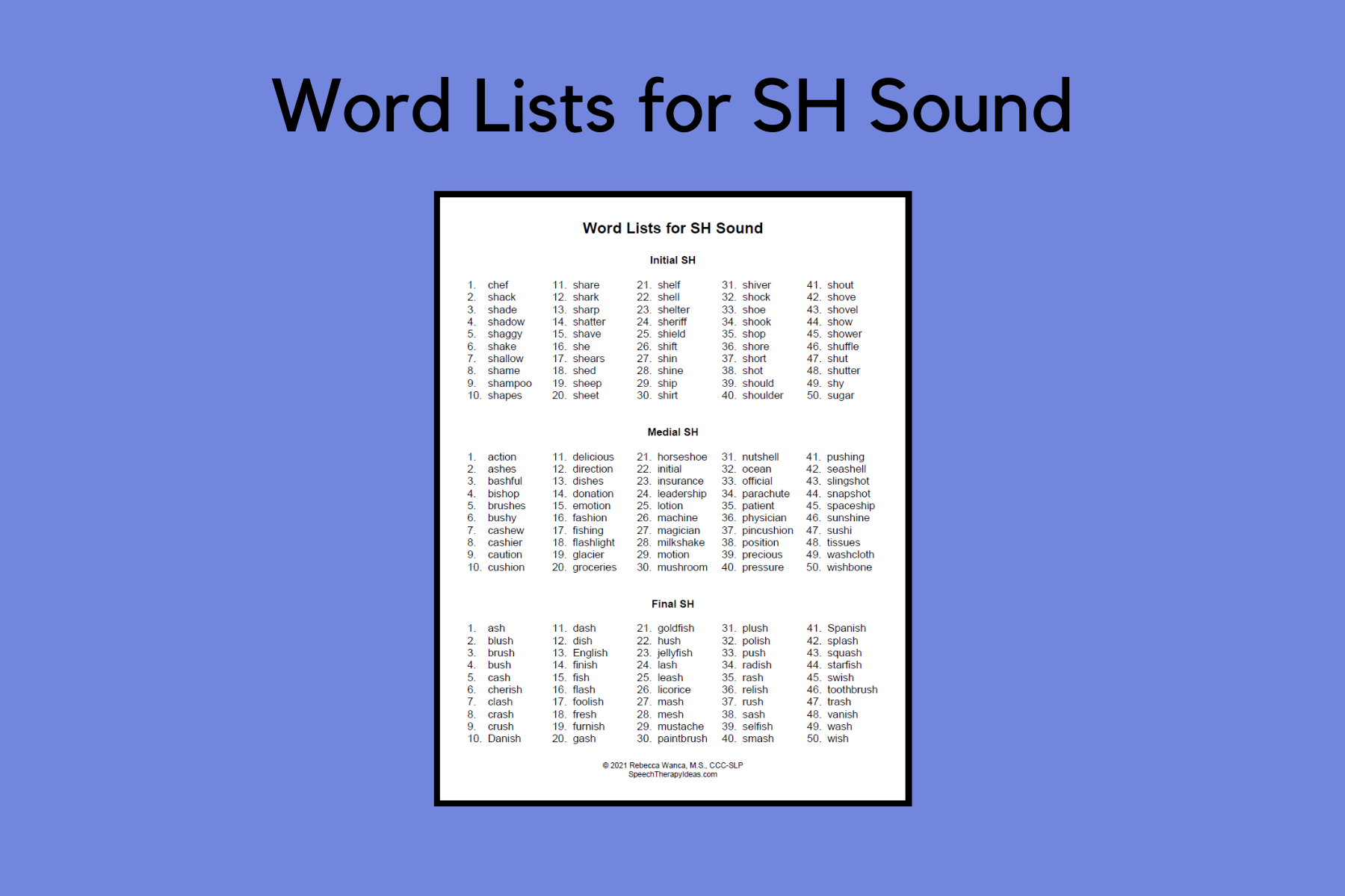 Word Lists for SH Sounds