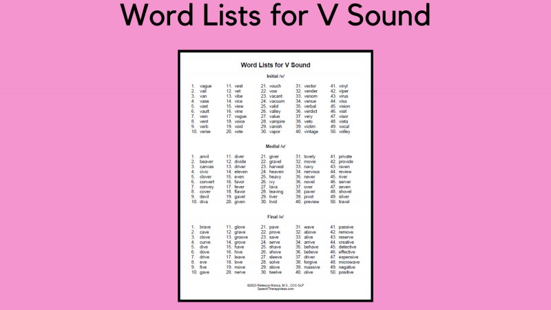 Word Lists For V Sound