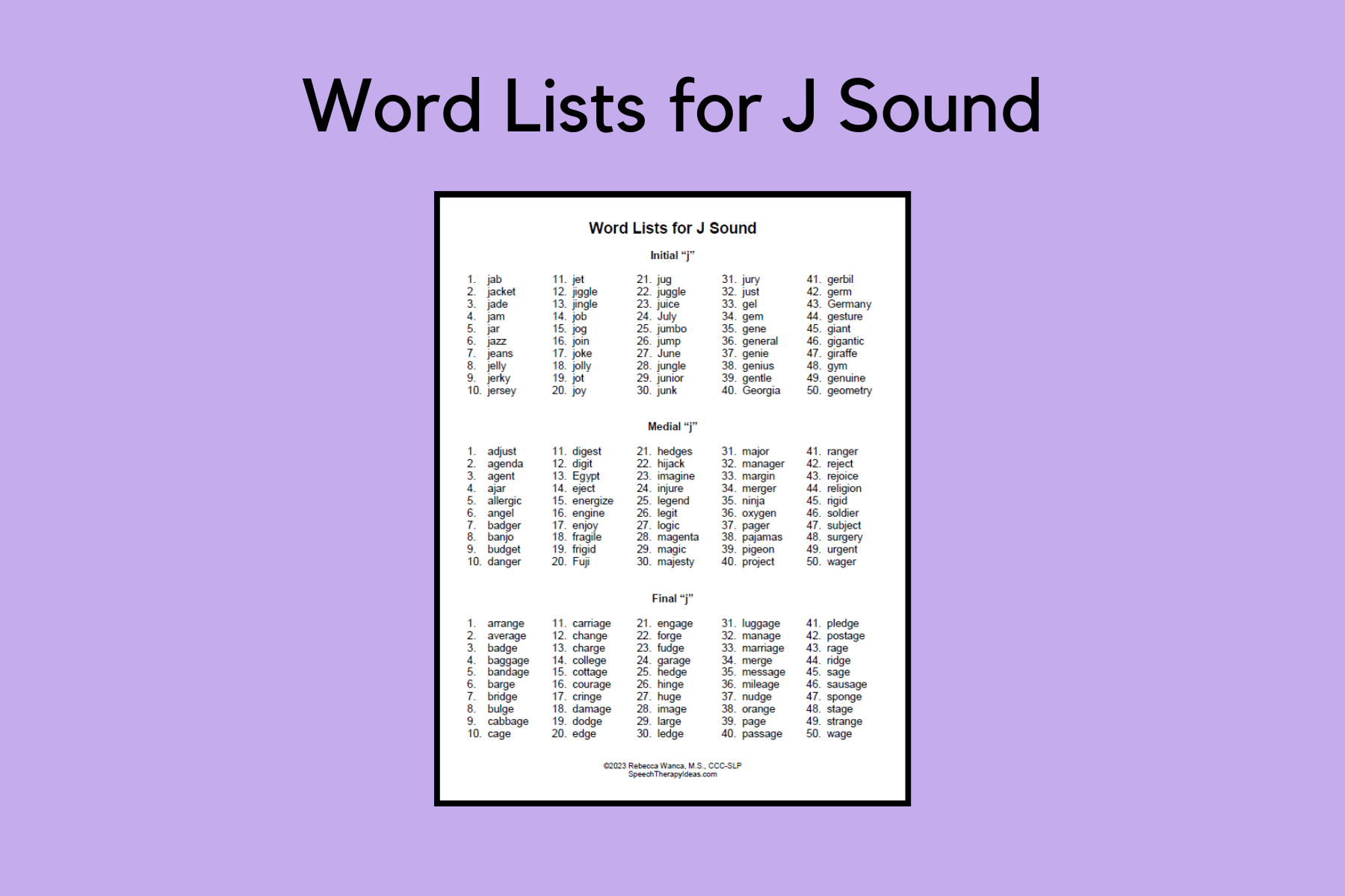 Word Lists for J Sound