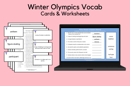 Winter Olympics Vocabulary Game Cards and Worksheets