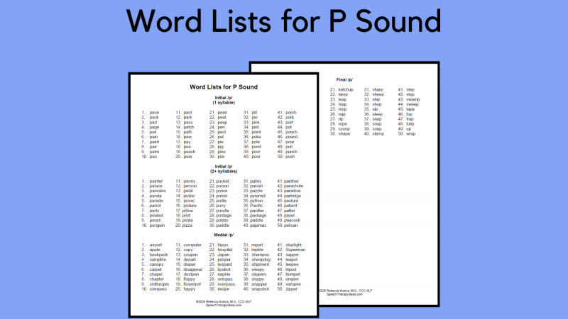 Word Lists For P Sound