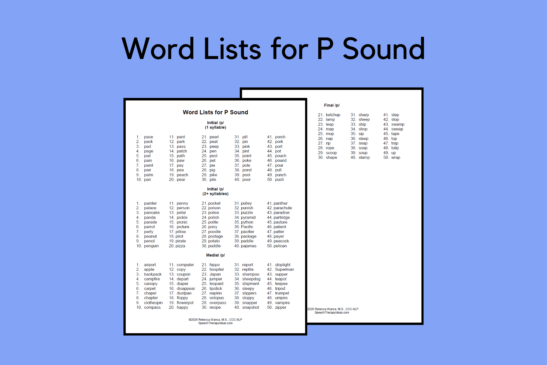 Word Lists for P Sound